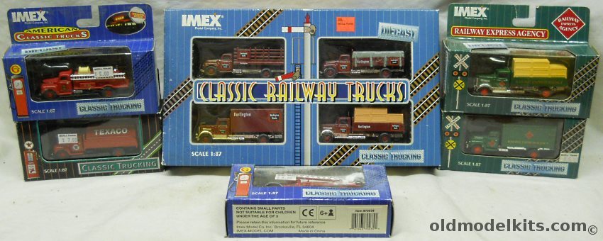 IMEX 1/87 REA Open Truck with Load / REA Truck with Trailer / Texaco Tanker Truck / Fire Truck (2) Ladder and Hose / Burlington Route Set of Four with Stake Truck / Truck and Trailer / Open Bed with Canvass Cover / Open Bed with Load - HO Scale plastic model kit